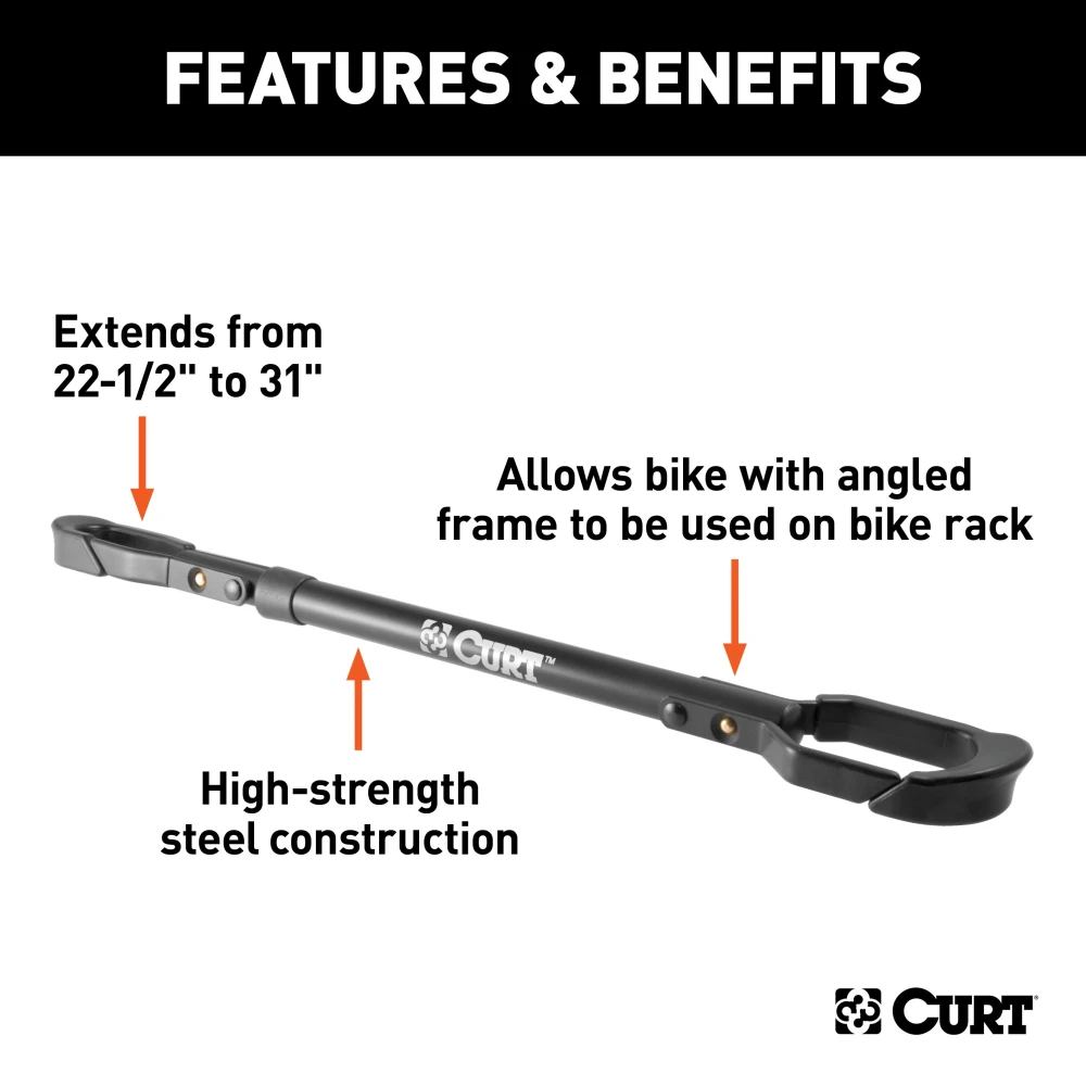 CURT bike beam attached to bike, showing adjustable steel frame in black finish