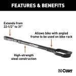 CURT bike beam attached to bike, showing adjustable steel frame in black finish