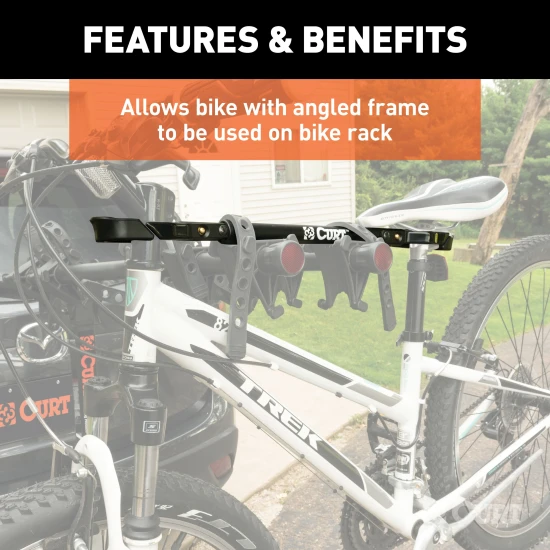 CURT bike beam attached to bike, showing adjustable steel frame in black finish