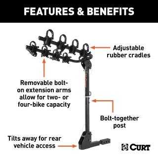 CURT hitch-mounted bike rack with adjustable arms and black powder coat finish, accommodating 2 to 4 bikes securely.