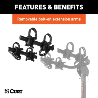CURT hitch-mounted bike rack with adjustable arms and black powder coat finish, accommodating 2 to 4 bikes securely.