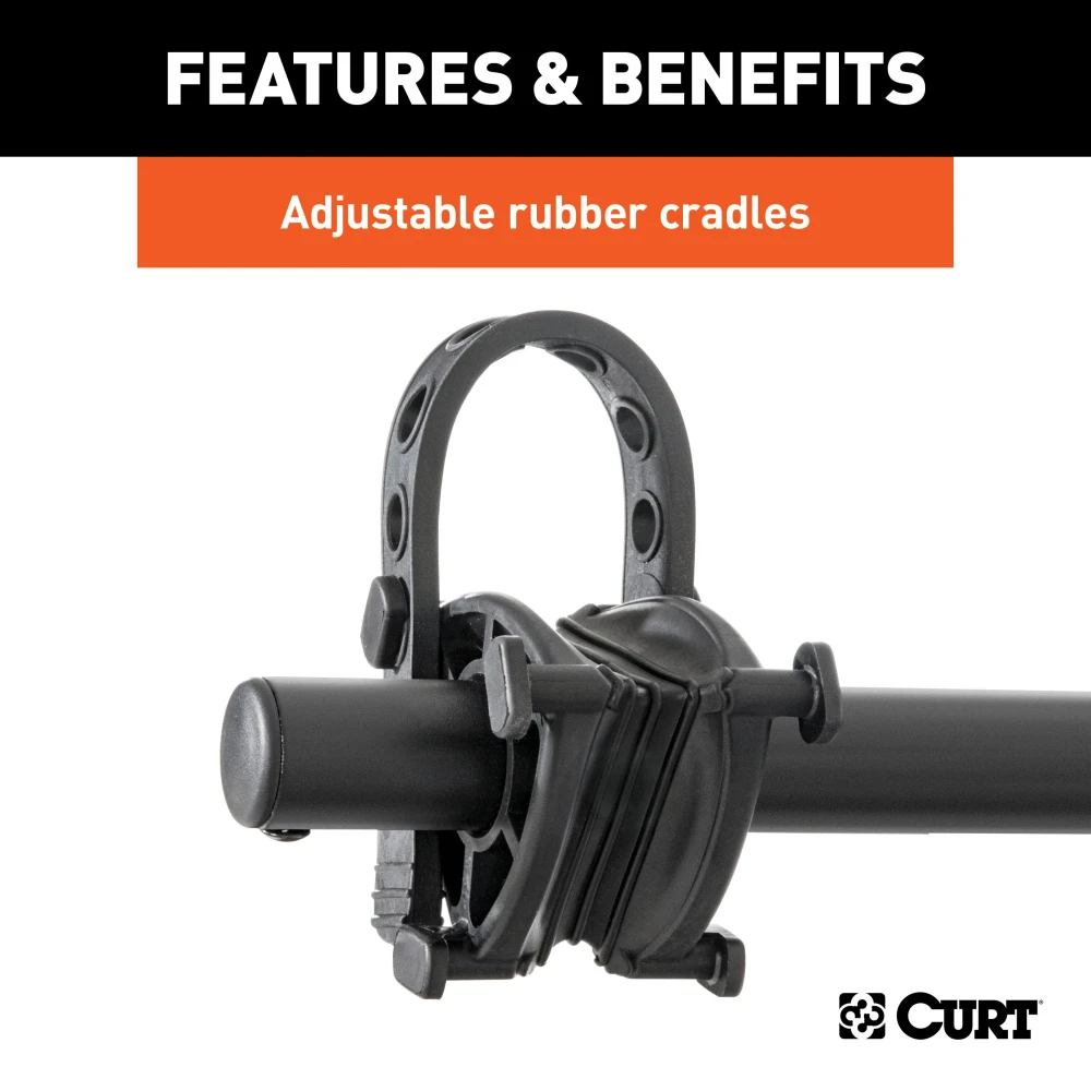 CURT hitch-mounted bike rack with adjustable arms and black powder coat finish, accommodating 2 to 4 bikes securely.