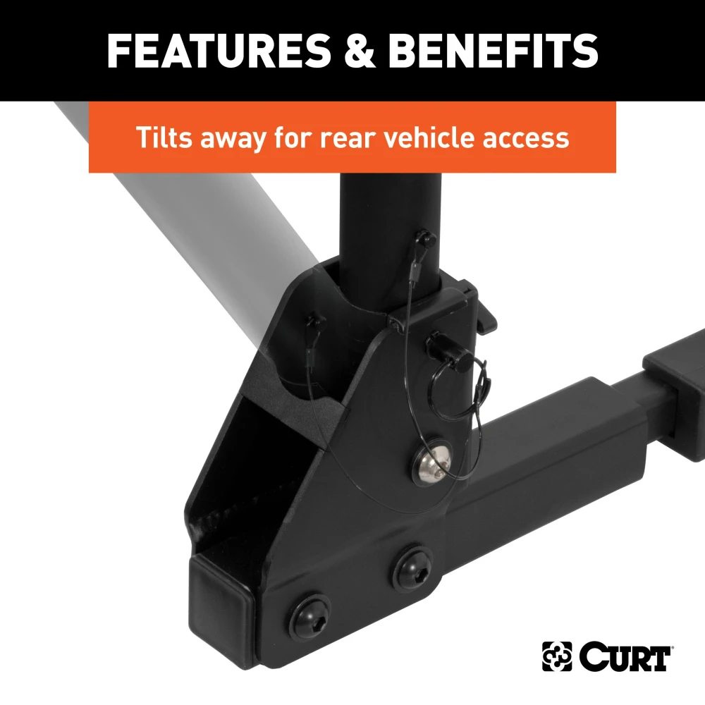 CURT hitch-mounted bike rack with adjustable arms and black powder coat finish, accommodating 2 to 4 bikes securely.