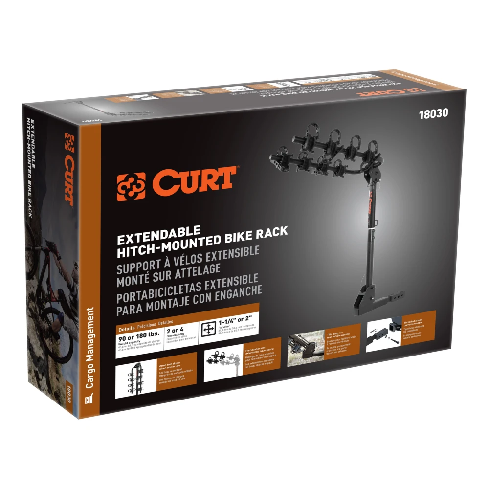 CURT hitch-mounted bike rack with adjustable arms and black powder coat finish, accommodating 2 to 4 bikes securely.