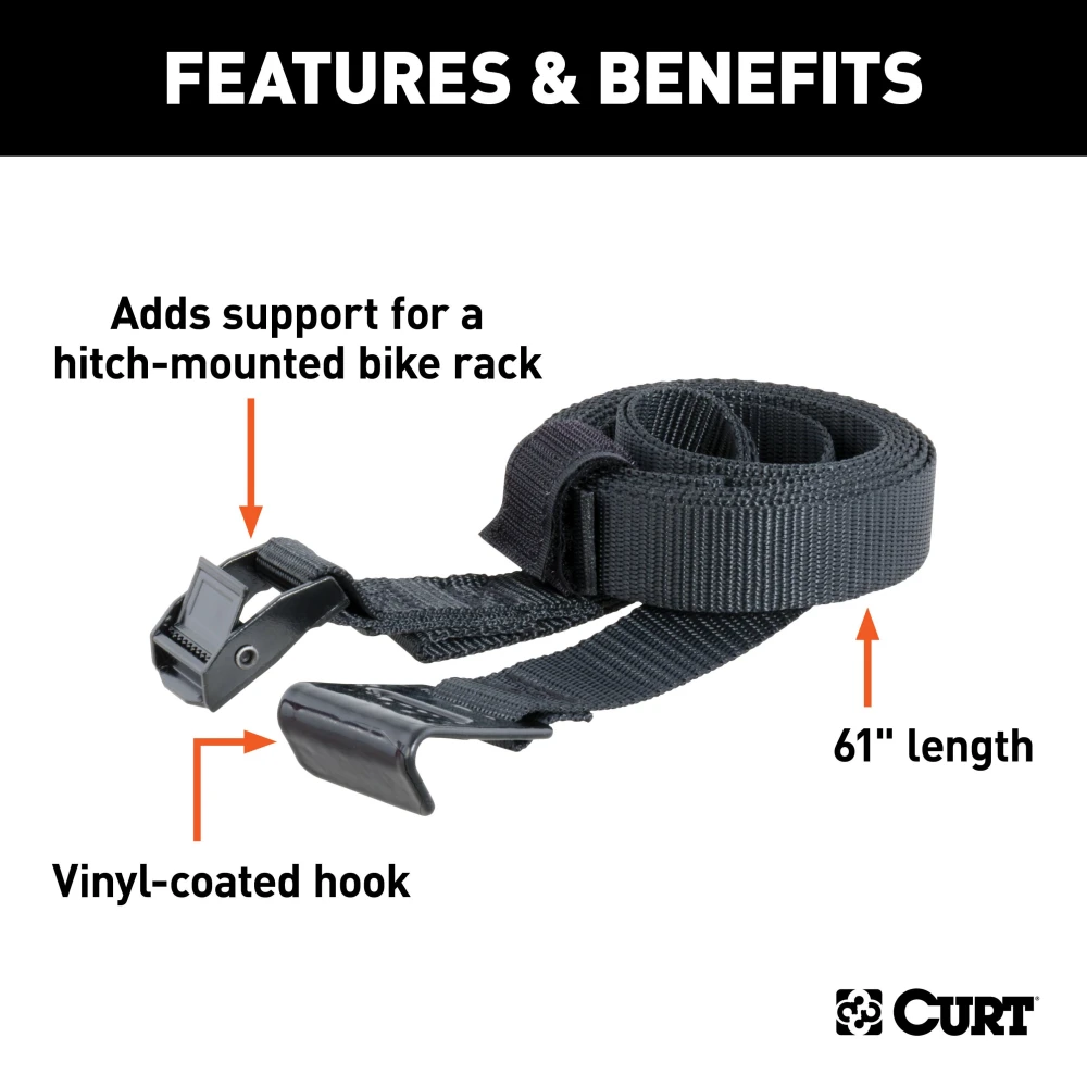 CURT bike rack support strap providing stability for hitch-mounted racks
