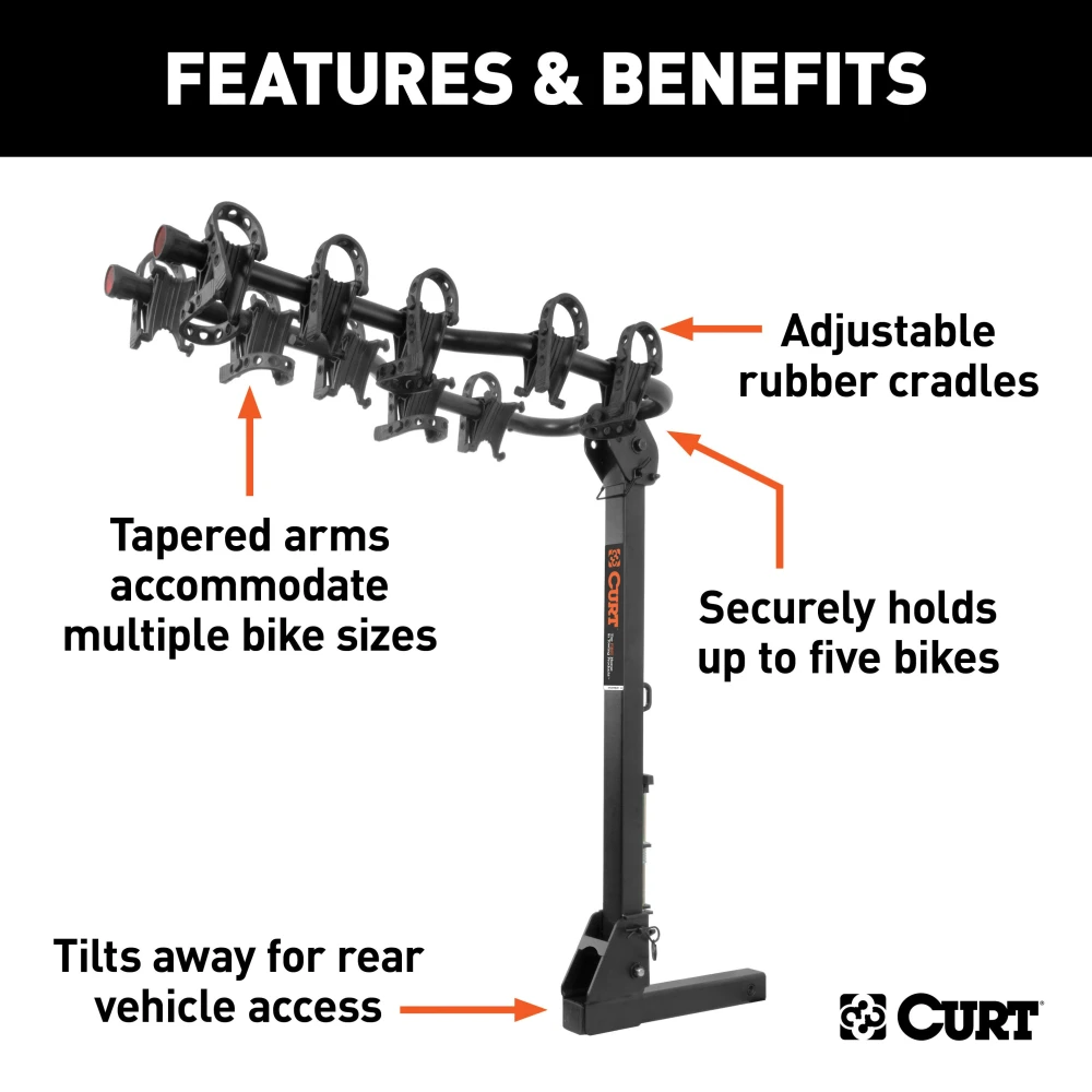 CURT premium bike rack for 5 bikes with anti-wobble shank and folding arms for 2-inch hitch receivers