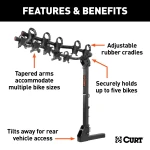 CURT premium bike rack for 5 bikes with anti-wobble shank and folding arms for 2-inch hitch receivers