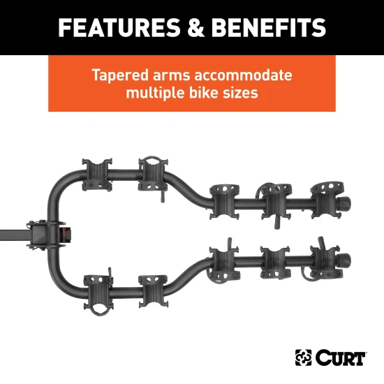 CURT premium bike rack for 5 bikes with anti-wobble shank and folding arms for 2-inch hitch receivers