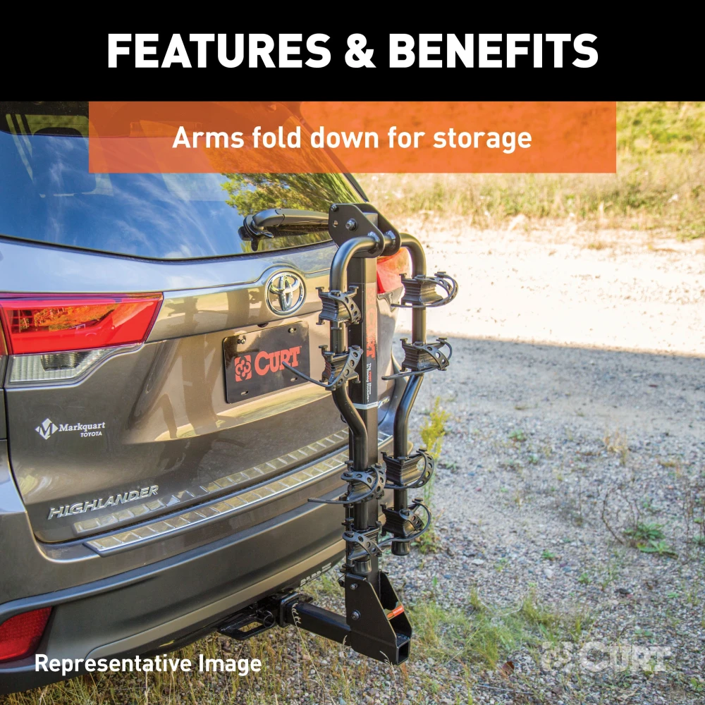 CURT premium bike rack for 5 bikes with anti-wobble shank and folding arms for 2-inch hitch receivers