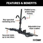 CURT tray-style bike rack securely holding two bicycles with a unique three-point support system