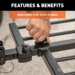 CURT tray-style bike rack securely holding two bicycles with a unique three-point support system