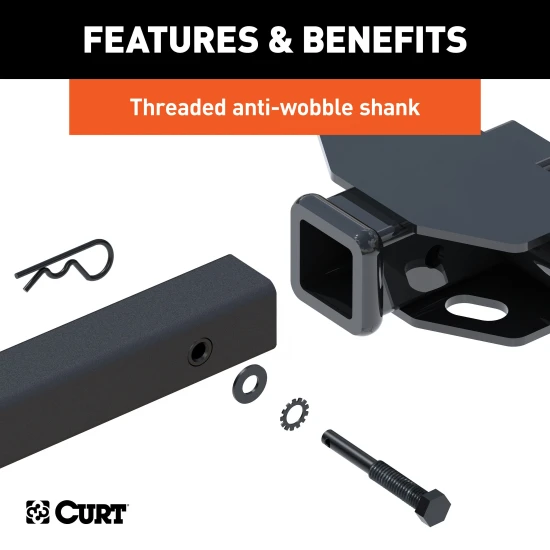 CURT tray-style bike rack securely holding two bicycles with a unique three-point support system