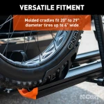 CURT aluminum bike rack #18088 mounted on vehicle, holds two bikes securely.