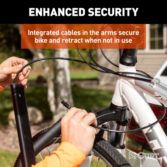CURT aluminum bike rack #18088 mounted on vehicle, holds two bikes securely.