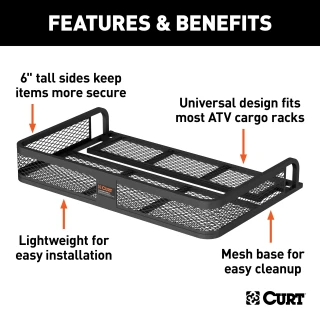 CURT ATV cargo carrier with 41x26 dimensions and 6-inch high sides for secure cargo transport