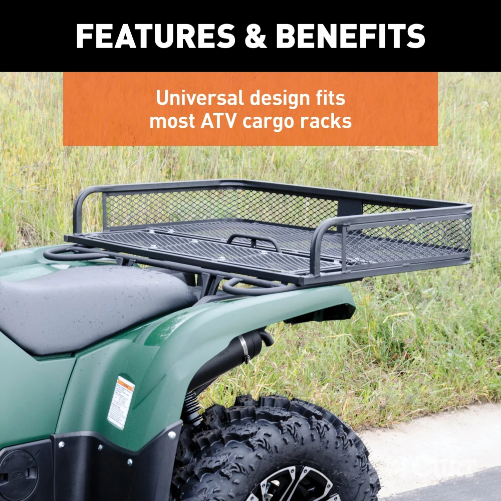 CURT ATV cargo carrier with 41x26 dimensions and 6-inch high sides for secure cargo transport