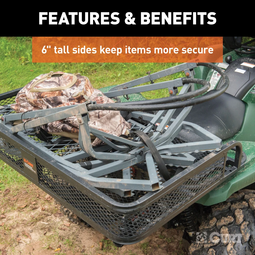 CURT ATV cargo carrier with 41x26 dimensions and 6-inch high sides for secure cargo transport