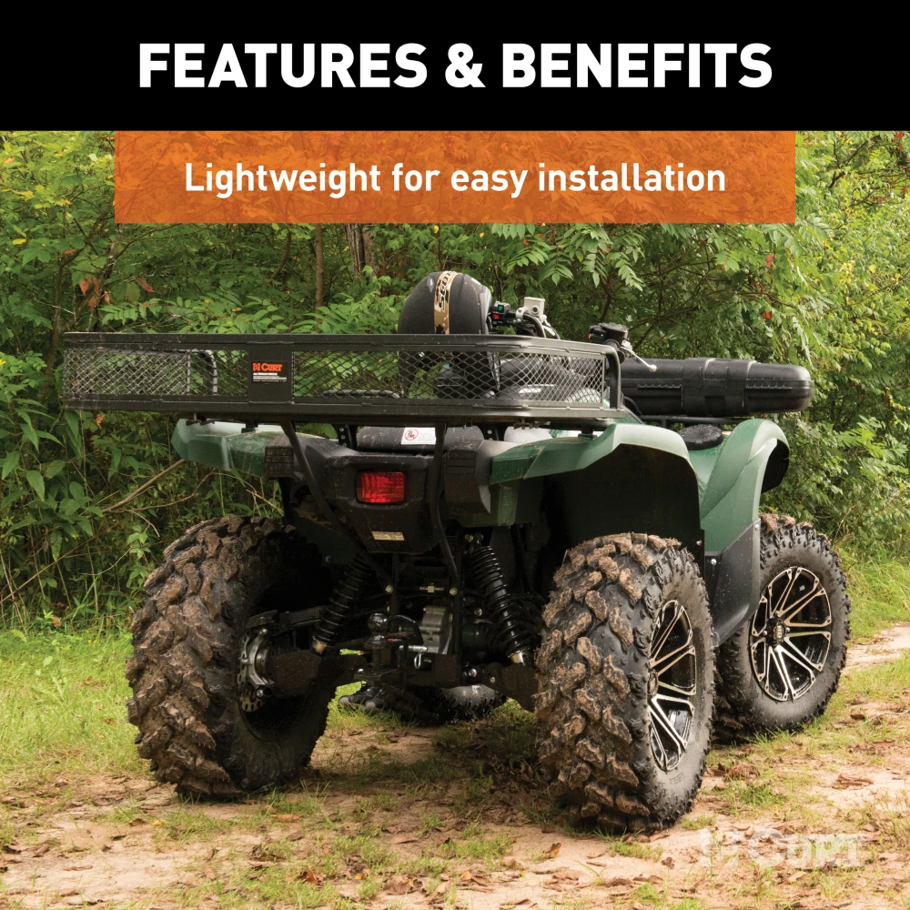 CURT ATV cargo carrier with 41x26 dimensions and 6-inch high sides for secure cargo transport