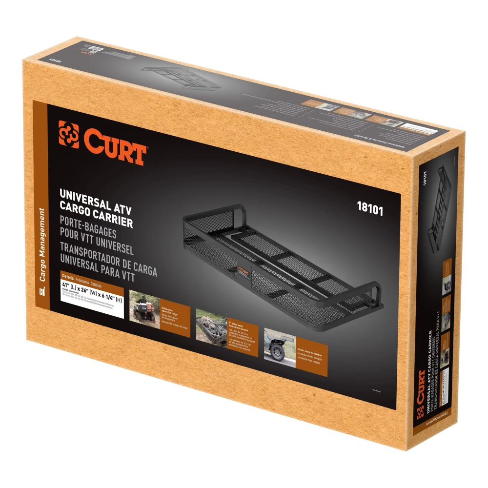 CURT ATV cargo carrier with 41x26 dimensions and 6-inch high sides for secure cargo transport