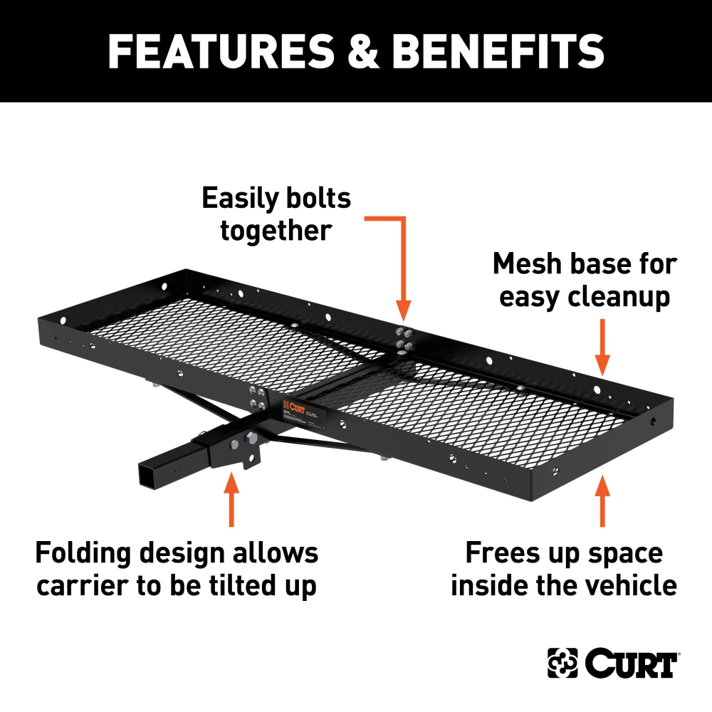 CURT trailer hitch cargo carrier, mesh tray-style, black powder coat, mounted on vehicle.