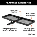 CURT trailer hitch cargo carrier, mesh tray-style, black powder coat, mounted on vehicle.