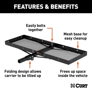 CURT trailer hitch cargo carrier, mesh tray-style, black powder coat, mounted on vehicle.