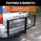 CURT trailer hitch cargo carrier, mesh tray-style, black powder coat, mounted on vehicle.