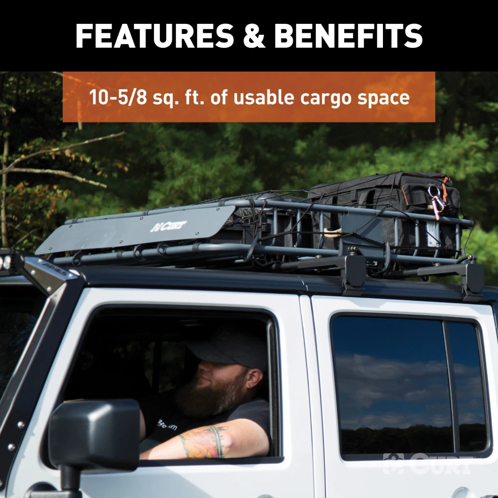 CURT roof rack cargo carrier with extension offering increased storage space on vehicle