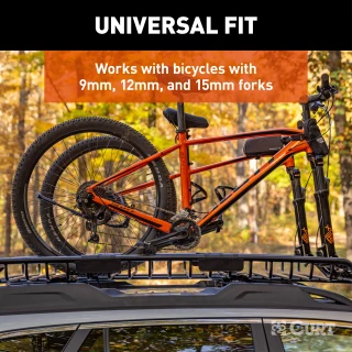 CURT quick-release bike mount attached to a roof rack holding bicycles