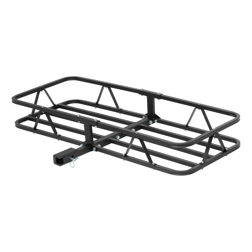 CURT basket cargo carrier with 6-inch tall sides for secure travel, fits most receiver hitches, holds up to 500 lbs.