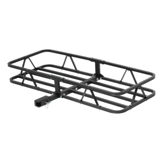 CURT basket cargo carrier with 6-inch tall sides for secure travel, fits most receiver hitches, holds up to 500 lbs.