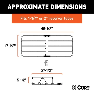 CURT basket cargo carrier with 6-inch tall sides for secure travel, fits most receiver hitches, holds up to 500 lbs.