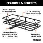CURT basket cargo carrier with 6-inch tall sides for secure travel, fits most receiver hitches, holds up to 500 lbs.