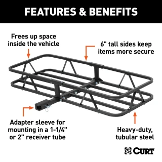 CURT basket cargo carrier with 6-inch tall sides for secure travel, fits most receiver hitches, holds up to 500 lbs.