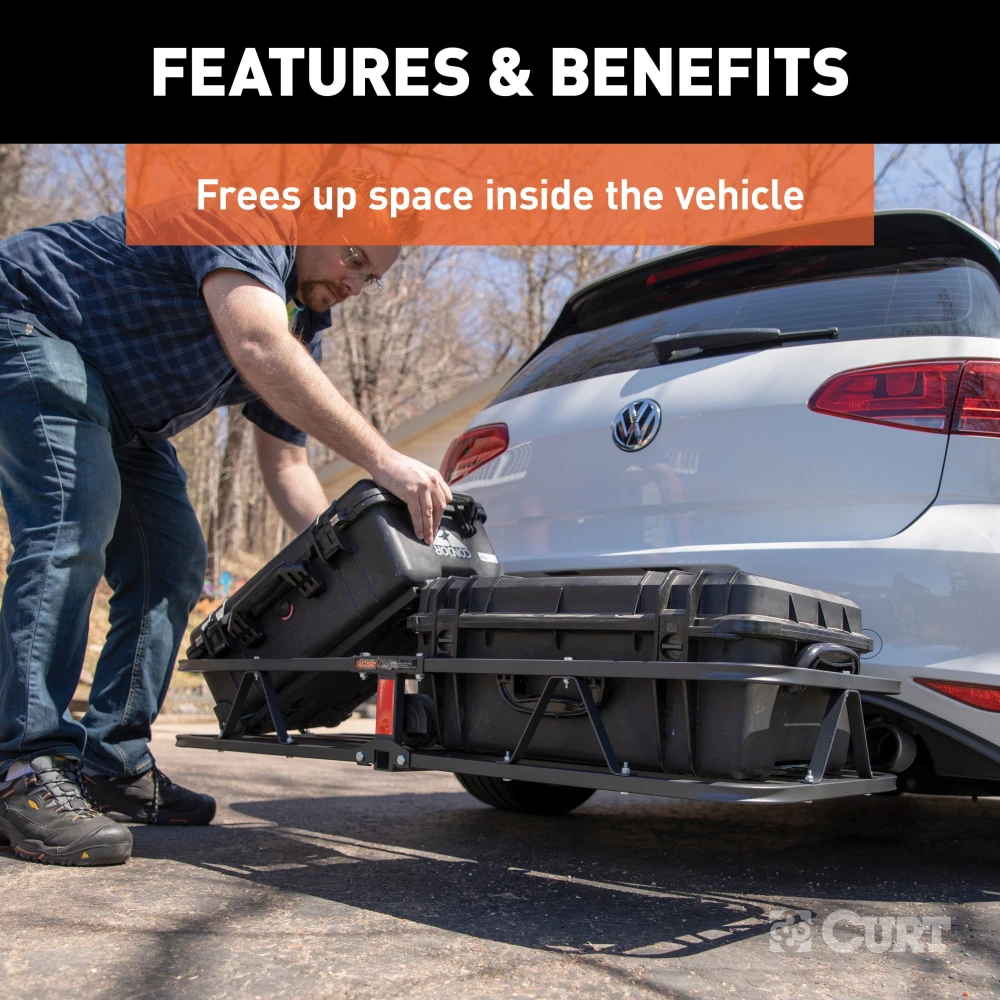 CURT basket cargo carrier with 6-inch tall sides for secure travel, fits most receiver hitches, holds up to 500 lbs.