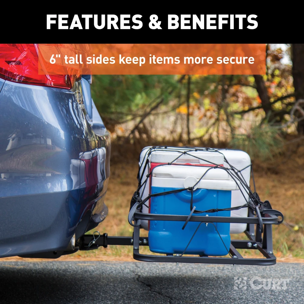 CURT basket cargo carrier with 6-inch tall sides for secure travel, fits most receiver hitches, holds up to 500 lbs.