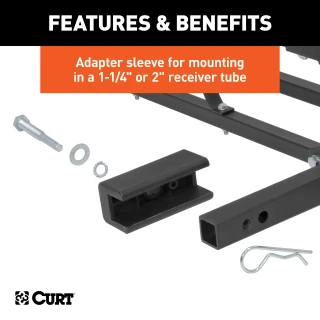 CURT basket cargo carrier with 6-inch tall sides for secure travel, fits most receiver hitches, holds up to 500 lbs.