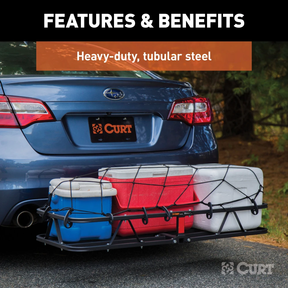 CURT basket cargo carrier with 6-inch tall sides for secure travel, fits most receiver hitches, holds up to 500 lbs.