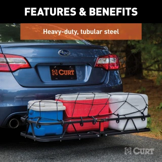 CURT basket cargo carrier with 6-inch tall sides for secure travel, fits most receiver hitches, holds up to 500 lbs.