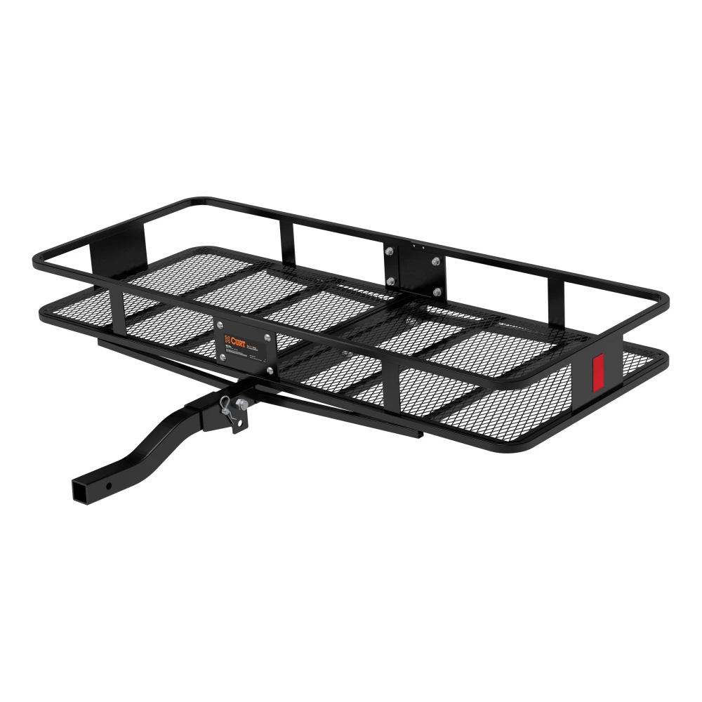 CURT hitch-mounted cargo carrier with 6-inch tall sides and durable mesh base