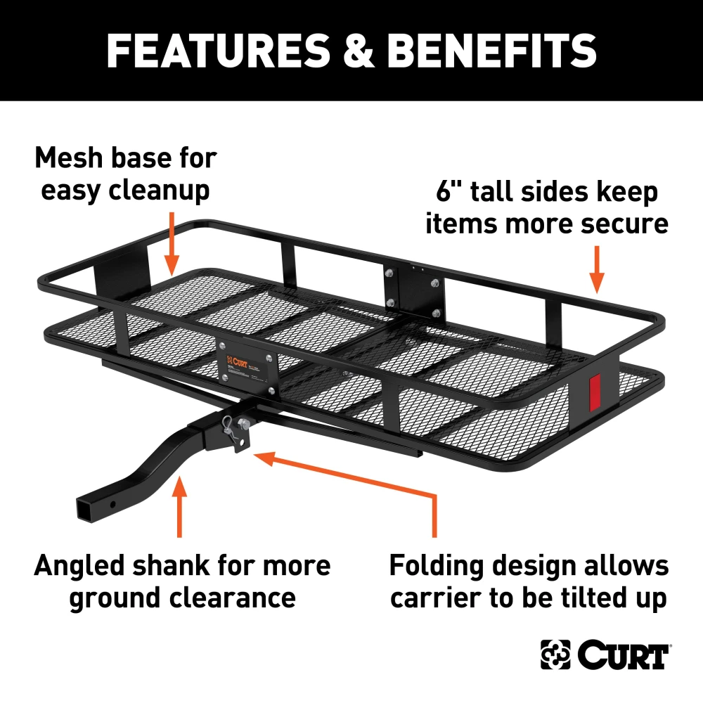 CURT hitch-mounted cargo carrier with 6-inch tall sides and durable mesh base