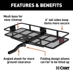 CURT hitch-mounted cargo carrier with 6-inch tall sides and durable mesh base
