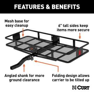 CURT hitch-mounted cargo carrier with 6-inch tall sides and durable mesh base