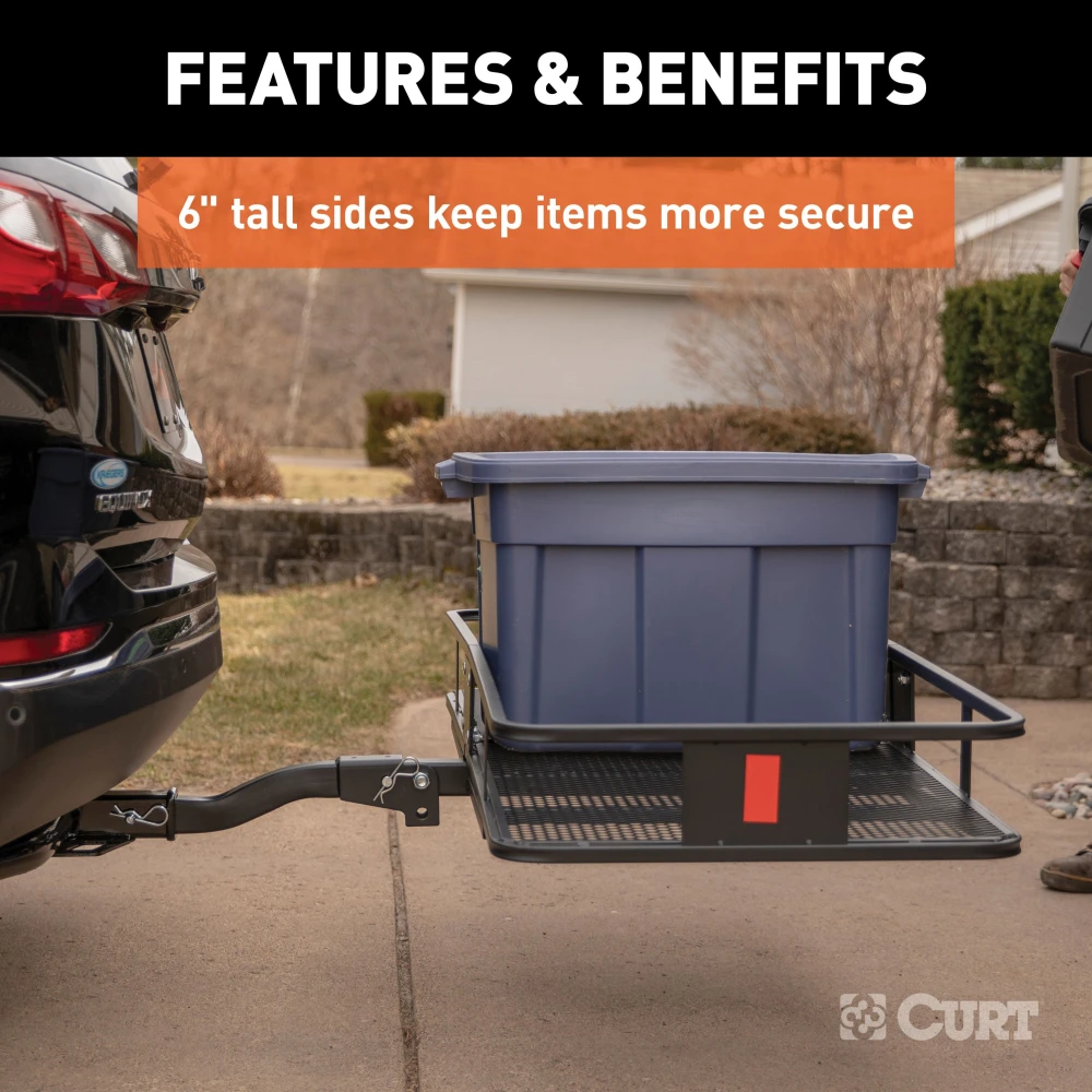 CURT hitch-mounted cargo carrier with 6-inch tall sides and durable mesh base