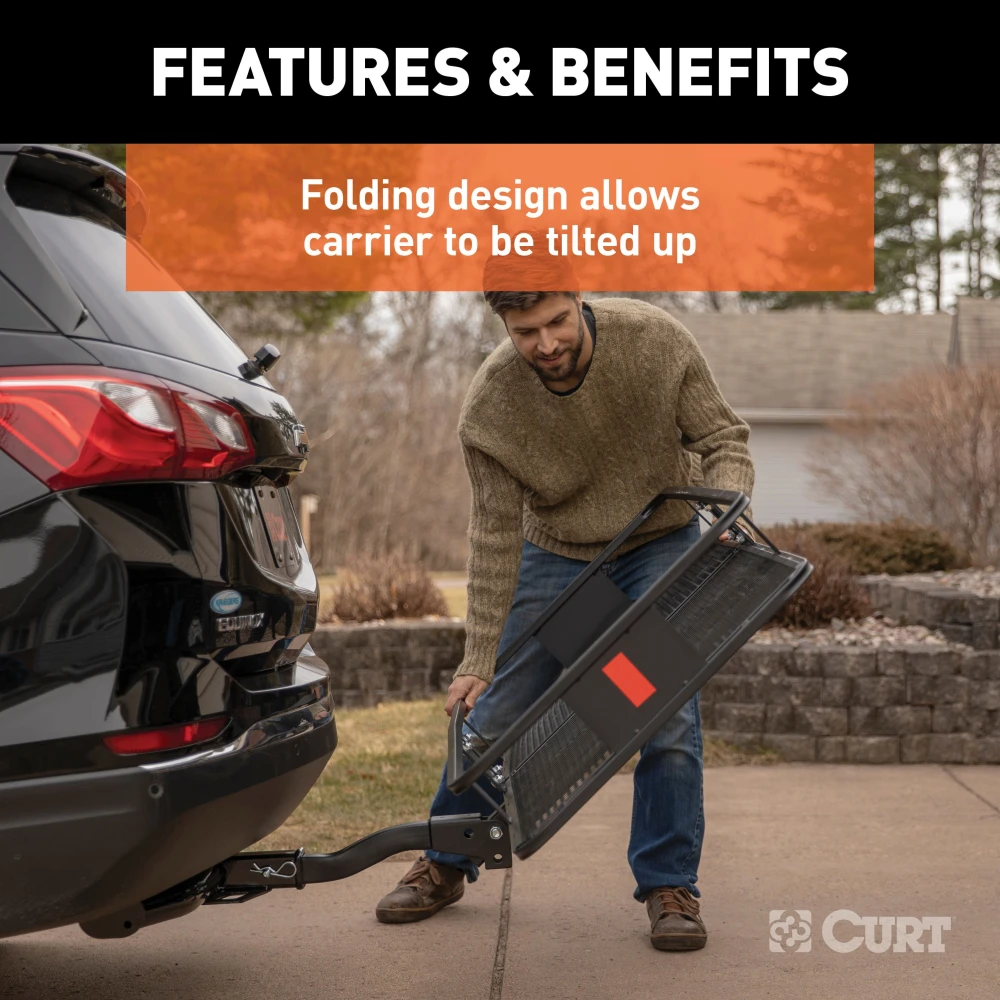 CURT hitch-mounted cargo carrier with 6-inch tall sides and durable mesh base