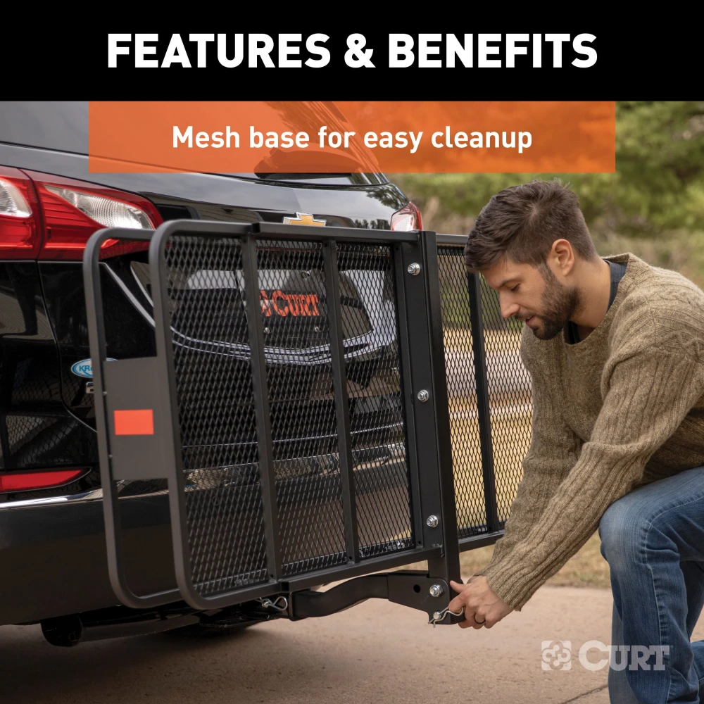 CURT hitch-mounted cargo carrier with 6-inch tall sides and durable mesh base