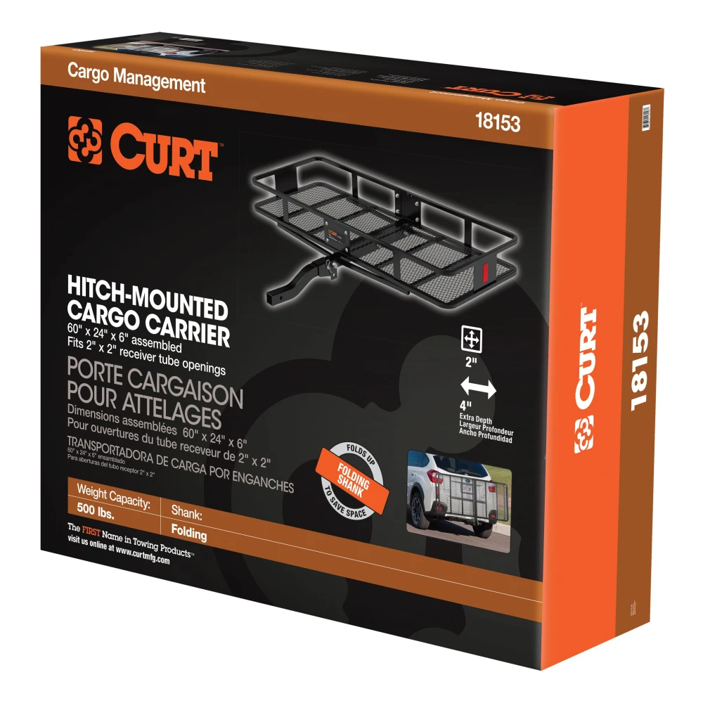 CURT hitch-mounted cargo carrier with 6-inch tall sides and durable mesh base
