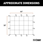 CURT cargo carrier net with hooks securing cargo on a roof rack, measuring 44 by 38 inches.