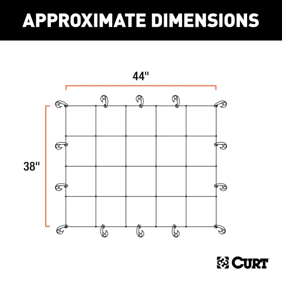 CURT cargo carrier net with hooks securing cargo on a roof rack, measuring 44 by 38 inches.