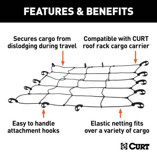 CURT cargo carrier net with hooks securing cargo on a roof rack, measuring 44 by 38 inches.